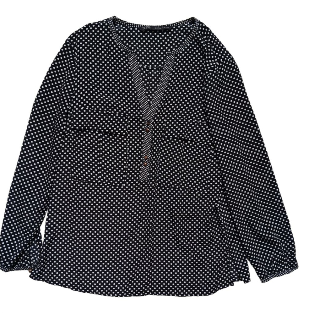Women's Zara Basic Blouse Size M Black White Polka Dot